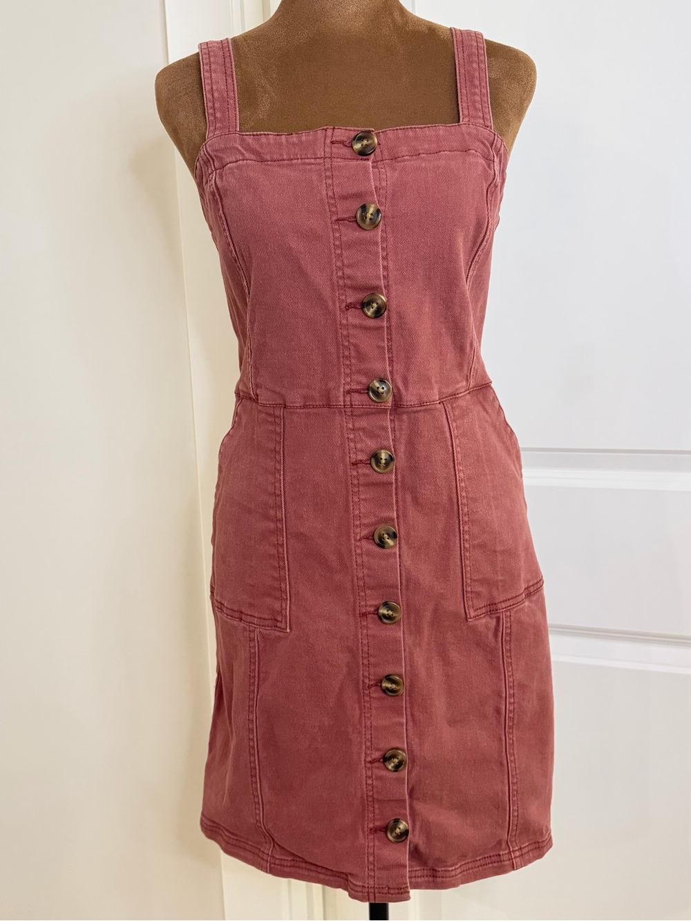 Thread & Supply Dusty Rose Denim Button Front Pinafore Mini Dress M